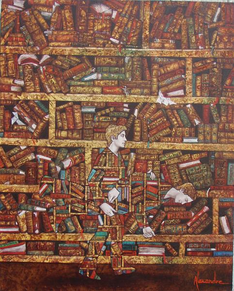 la métamorphose du libraire (50x40) huile sur panneau.jpg